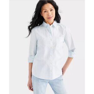 Style&Co Printed Turquoise Polka Dot Cotton Poplin Button-Up L/S Shirt - S NWT